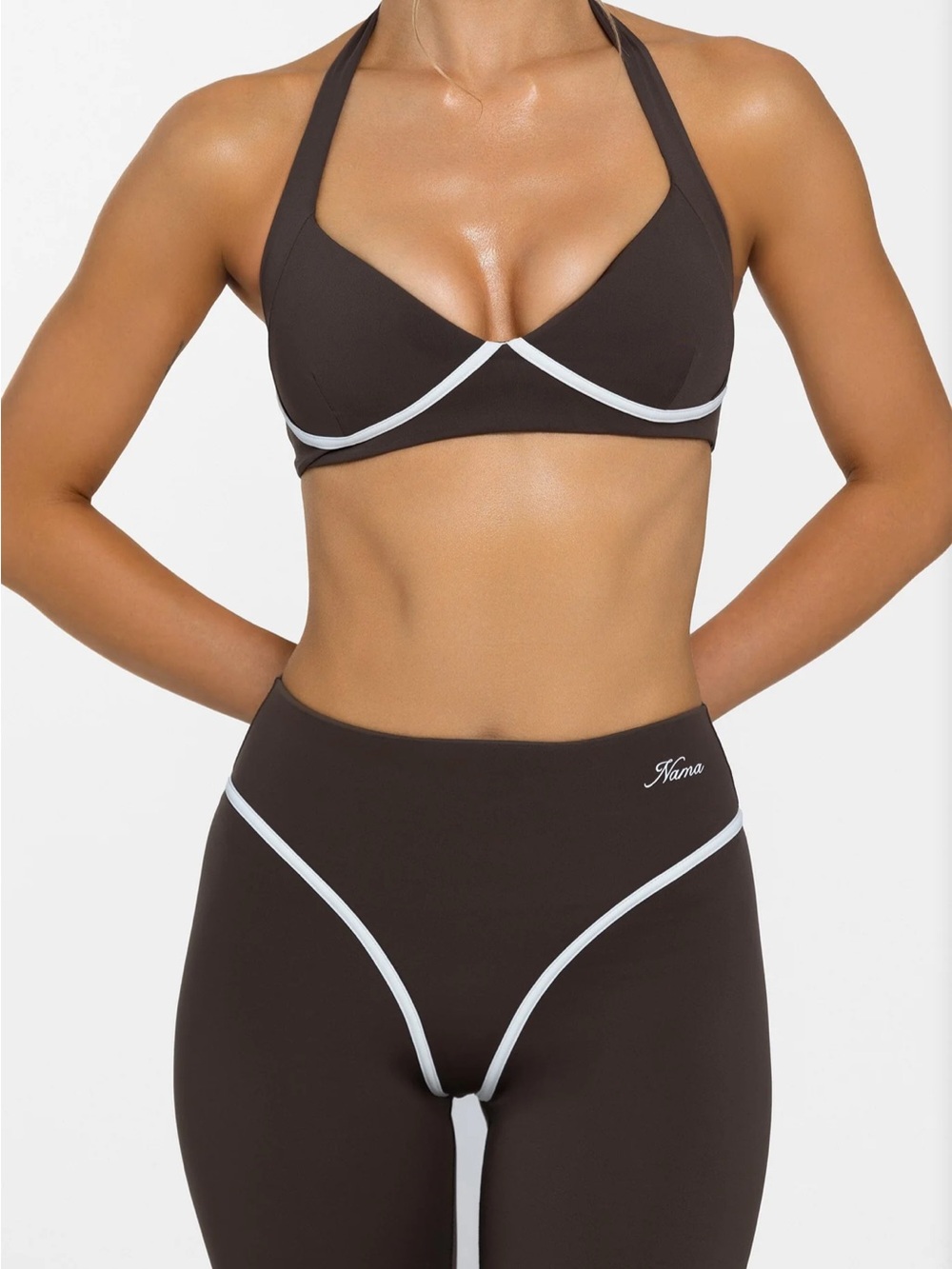 Nama Brown Halter Sports Bra with White Trim